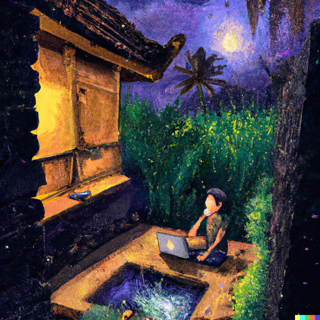 Prompt: A novelist writing a novel in Ubud, digital art