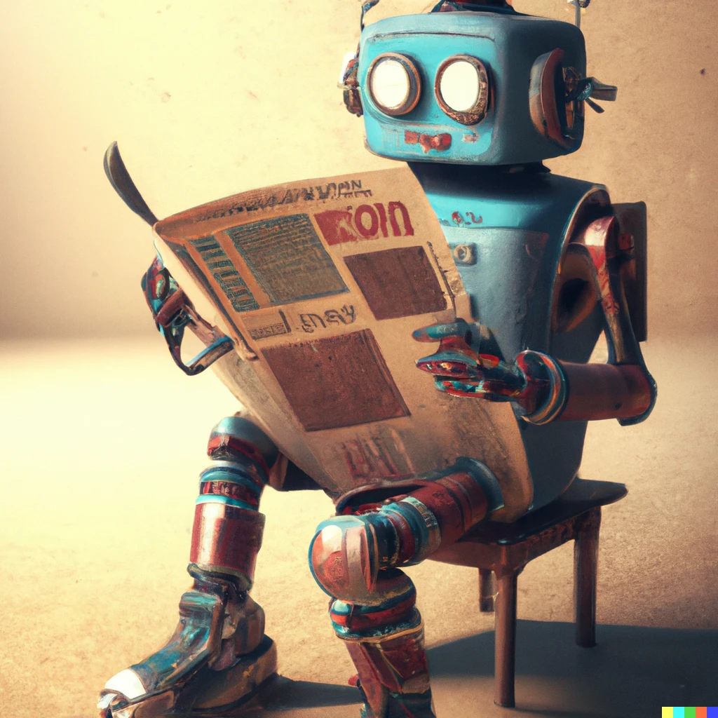 Prompt: A retro robot reading a newspaper, digital art