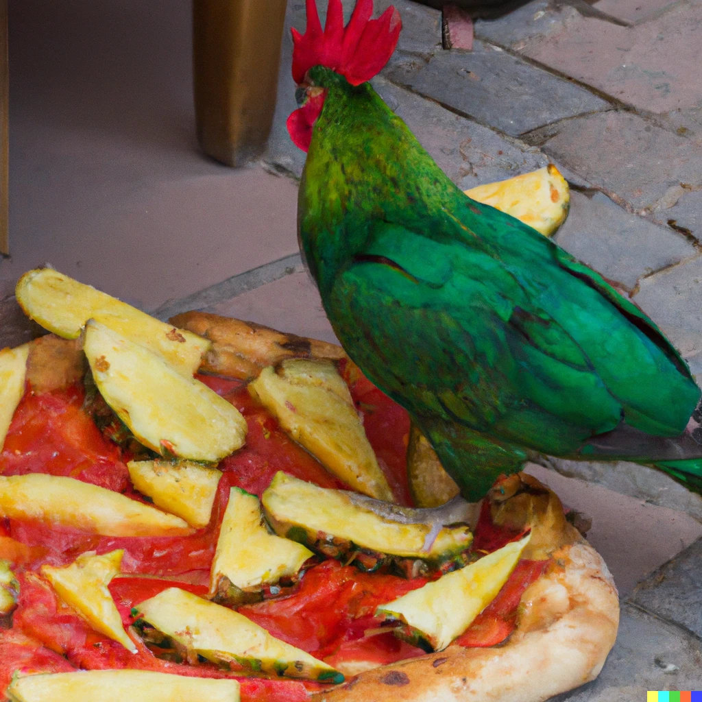 Prompt: Photograph of green rooster with red comb eating pineapple on pizza in Italy