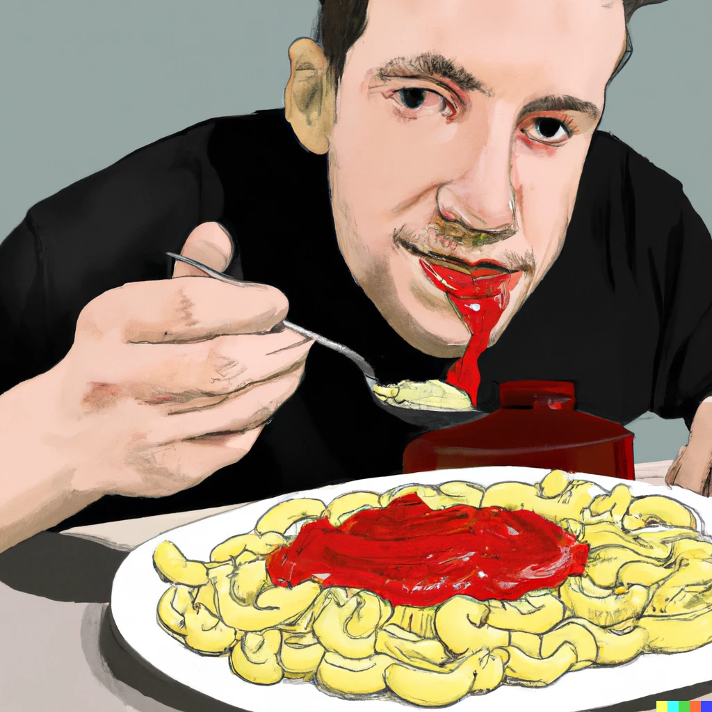 Prompt: Paul eating macaroni with ketchup, digital art 

