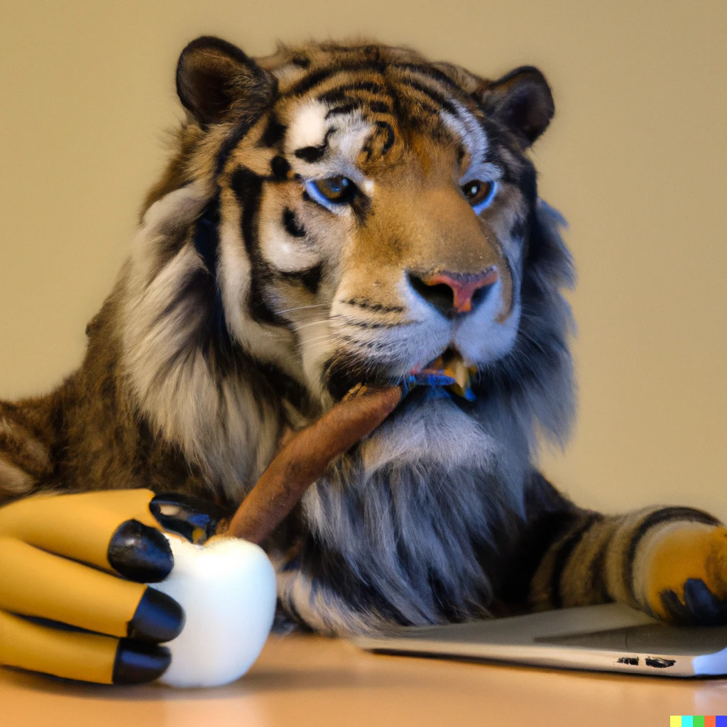 Prompt: A saber tooth tiger working as a software developer at apple as a high definition photograph