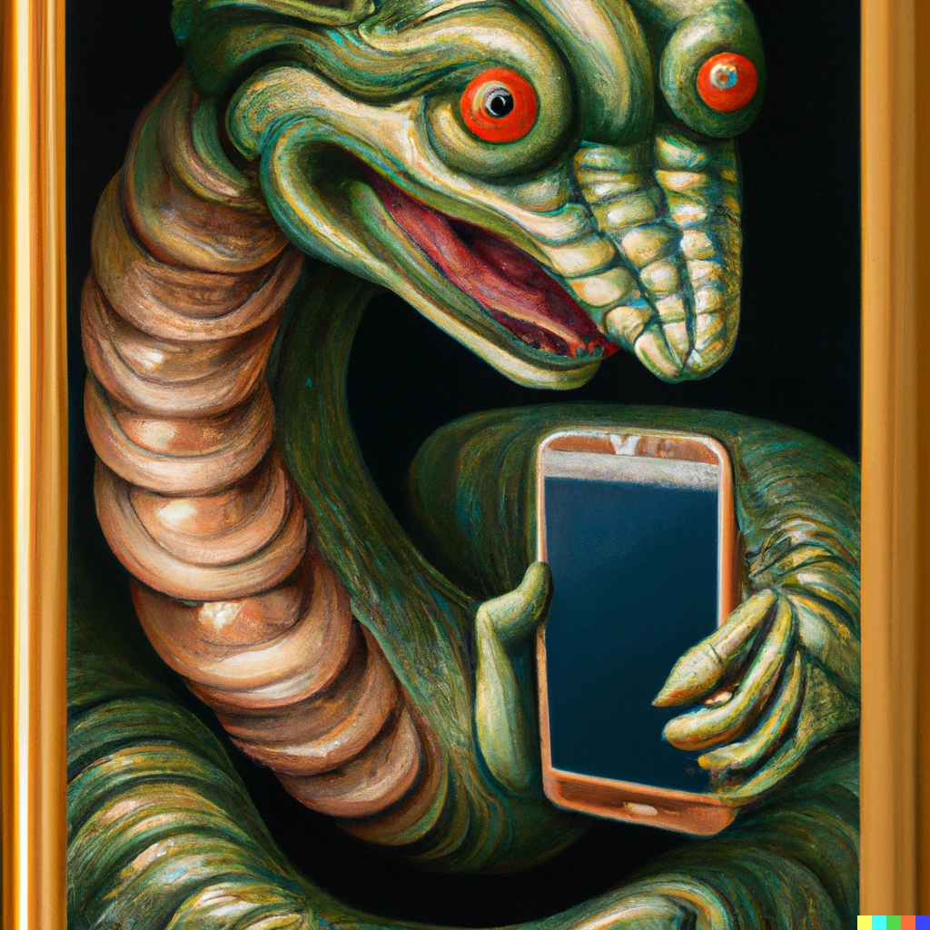 Prompt: a high quality professional oil painting of an abstract representation of rococo's basilisk, inside the screen of an iphone, while holding an phone, digital art,  in the style of el greco, rococo