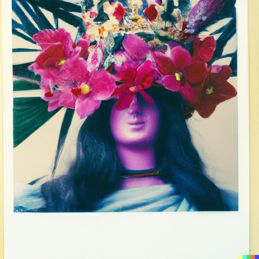 Prompt: Old Polaroids of the Goddess Athena wearing a crown of fantastical tropical flowers in style of surrealism