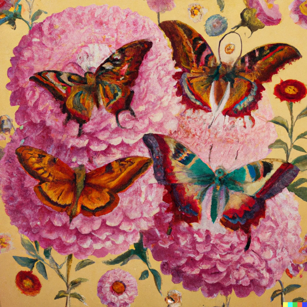 Prompt: Butterflies covered with flowers in style of Rachel Ruysch