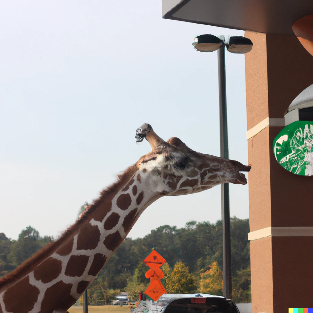 Prompt: real wild giraffe making an order at a drive-through starbucks