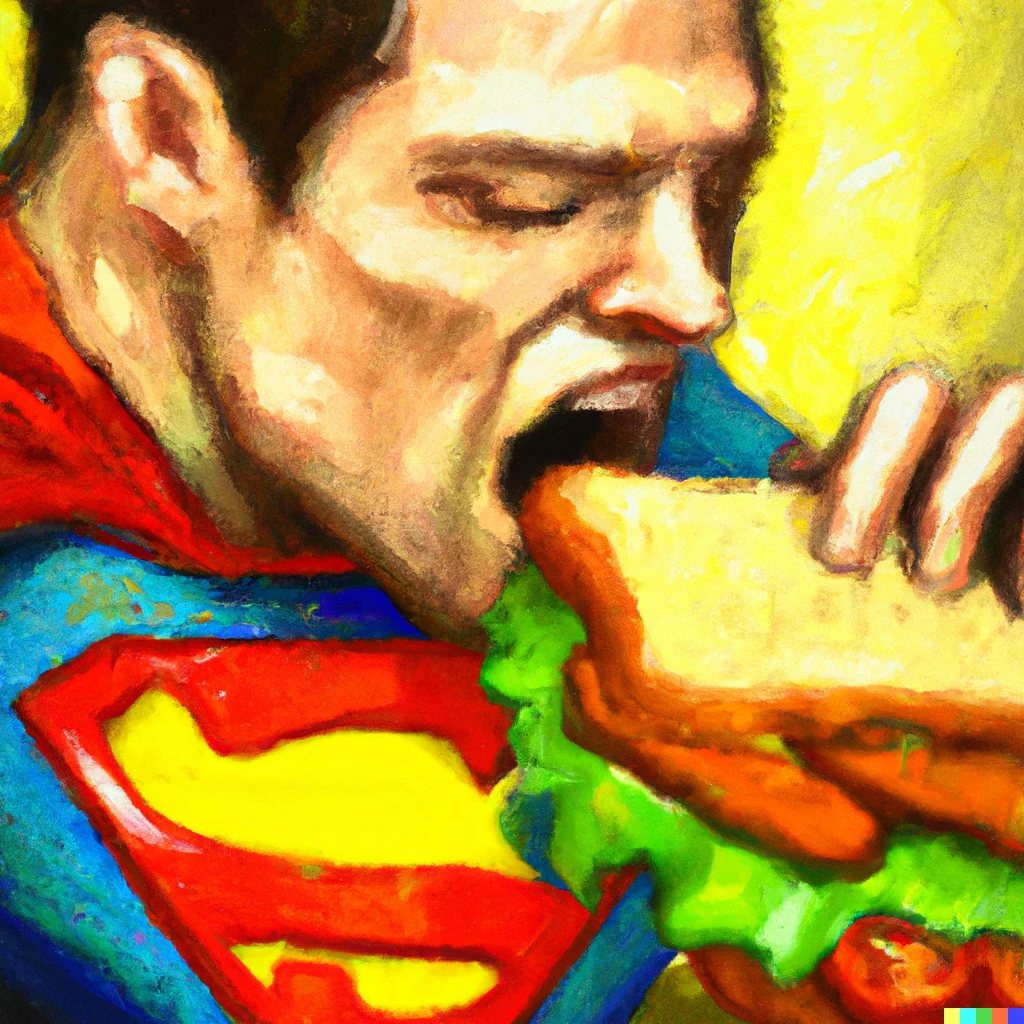 Prompt: Superman eating a sub sandwich oil paint

