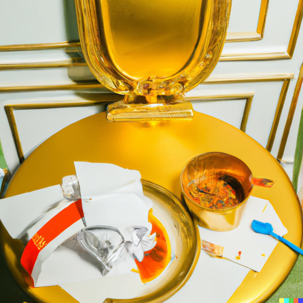 Prompt: Pile of top secret documents and McDonald's burger wrappers next to a gold toilet and covered in ketchup and mustard stains, baroque style