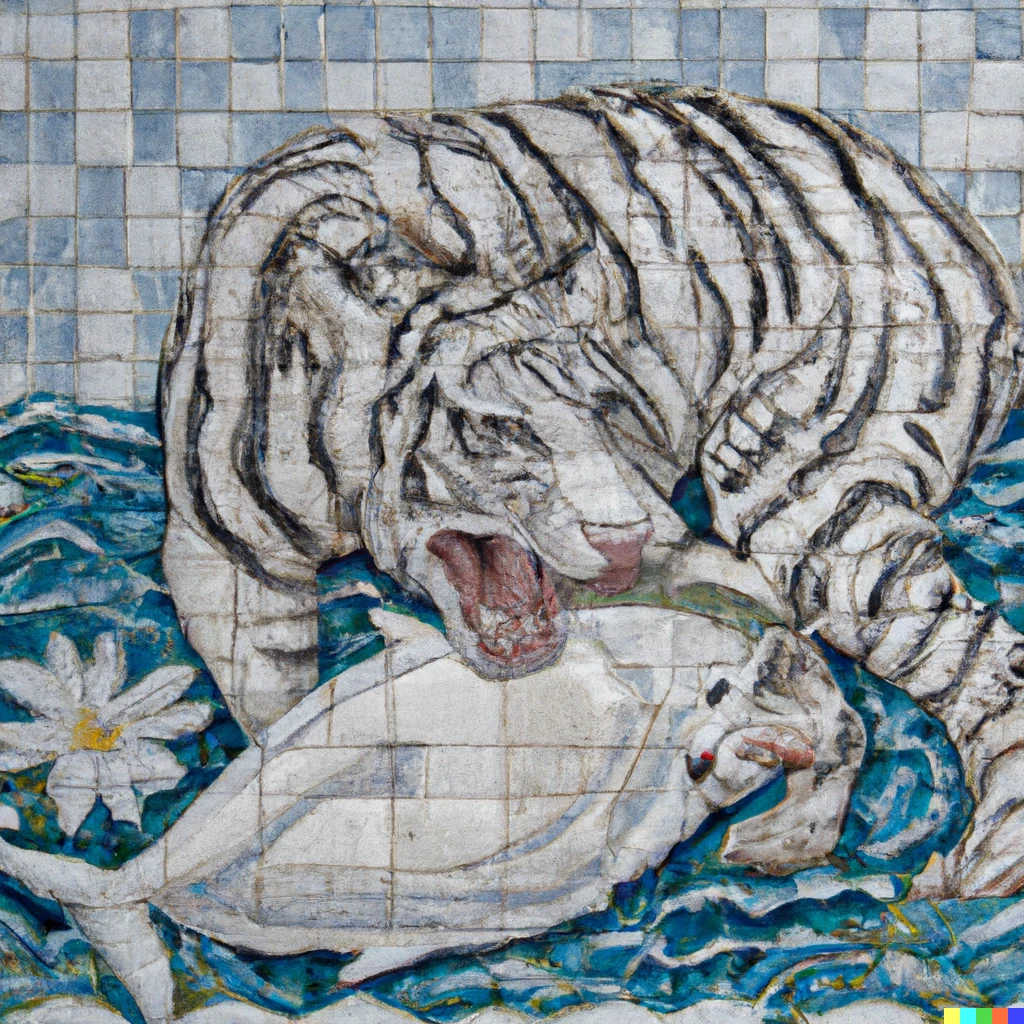 Prompt: A tile mosaic of a white bengal tiger eating a dolphin