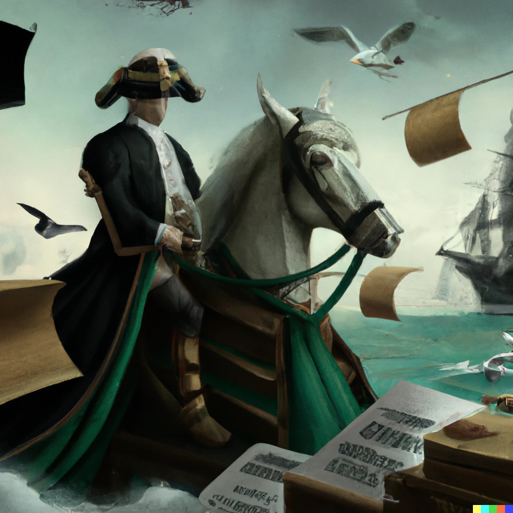 Prompt: A judge wearing headphones is riding a horse up a mountain which is surrounded by multiple boats which are filled with paper, Renaissance style.