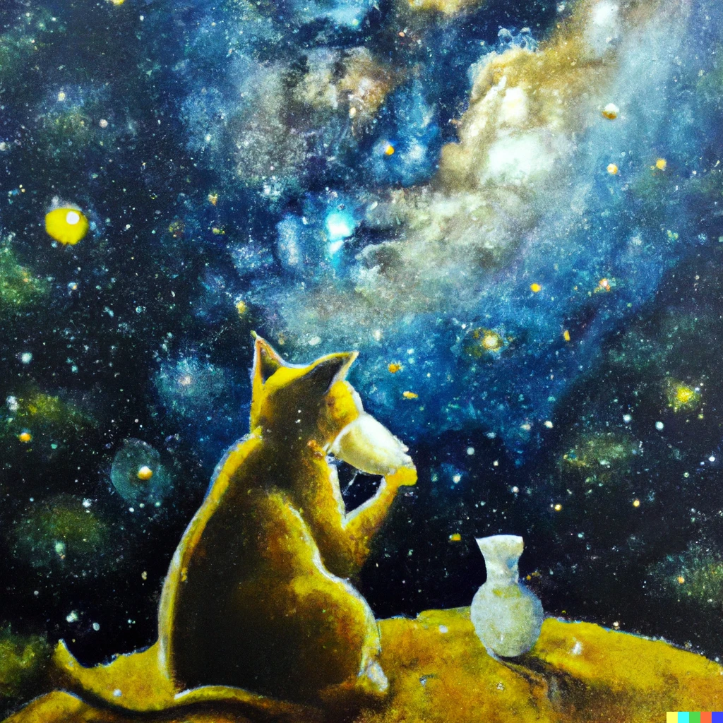 Prompt: an oil painting of cat sipping milk from the milkyway