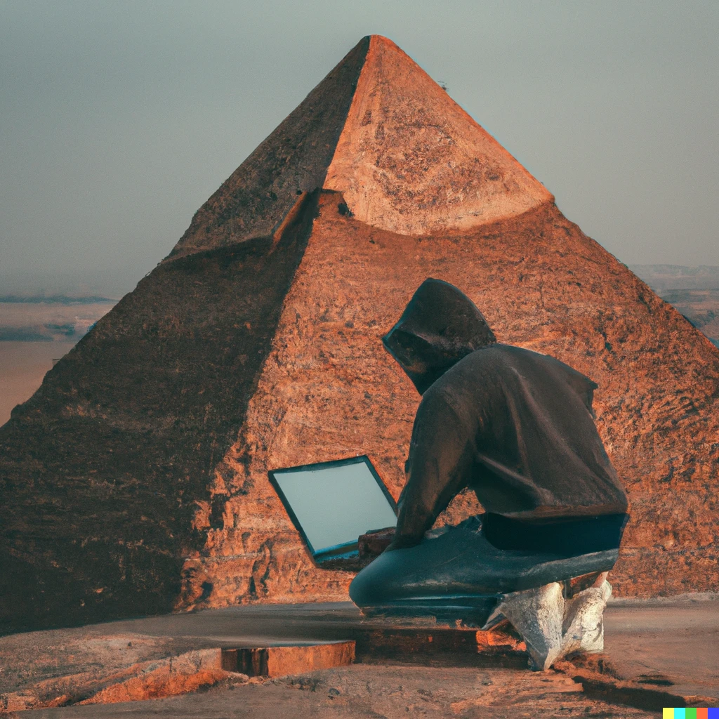Prompt: software engineer in a hoodie working at his laptop on top of the pyramids
