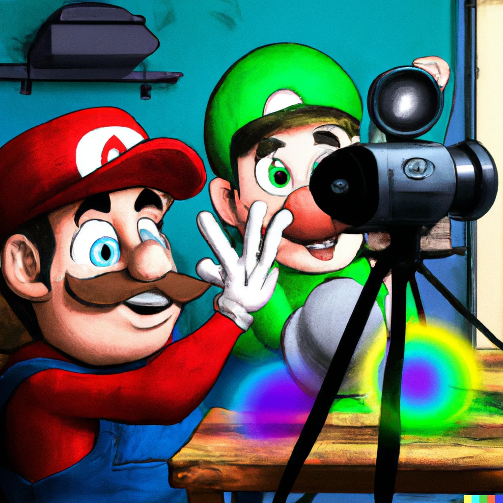 Prompt: Mario and Luigi making a movie, digital art