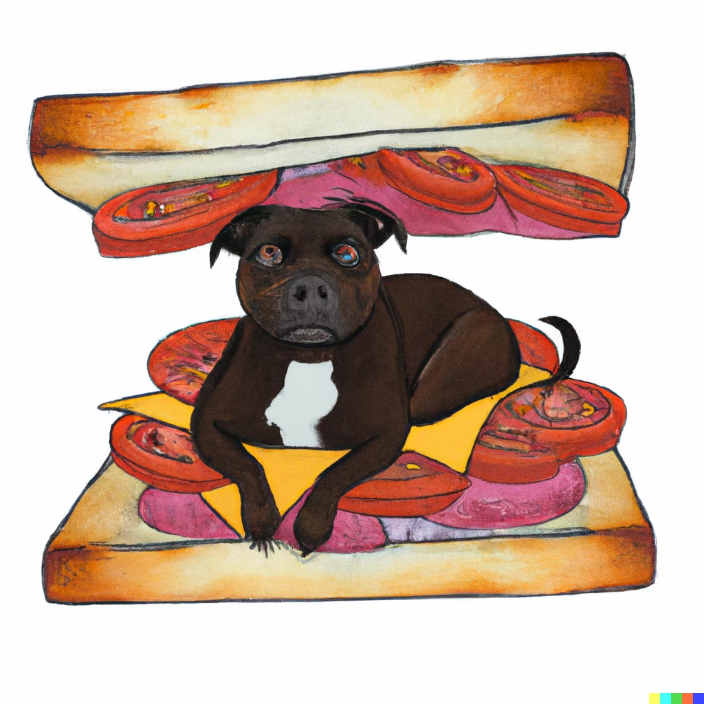 Prompt: A Staffordshire bull terrier fortune teller inside a giant sandwich