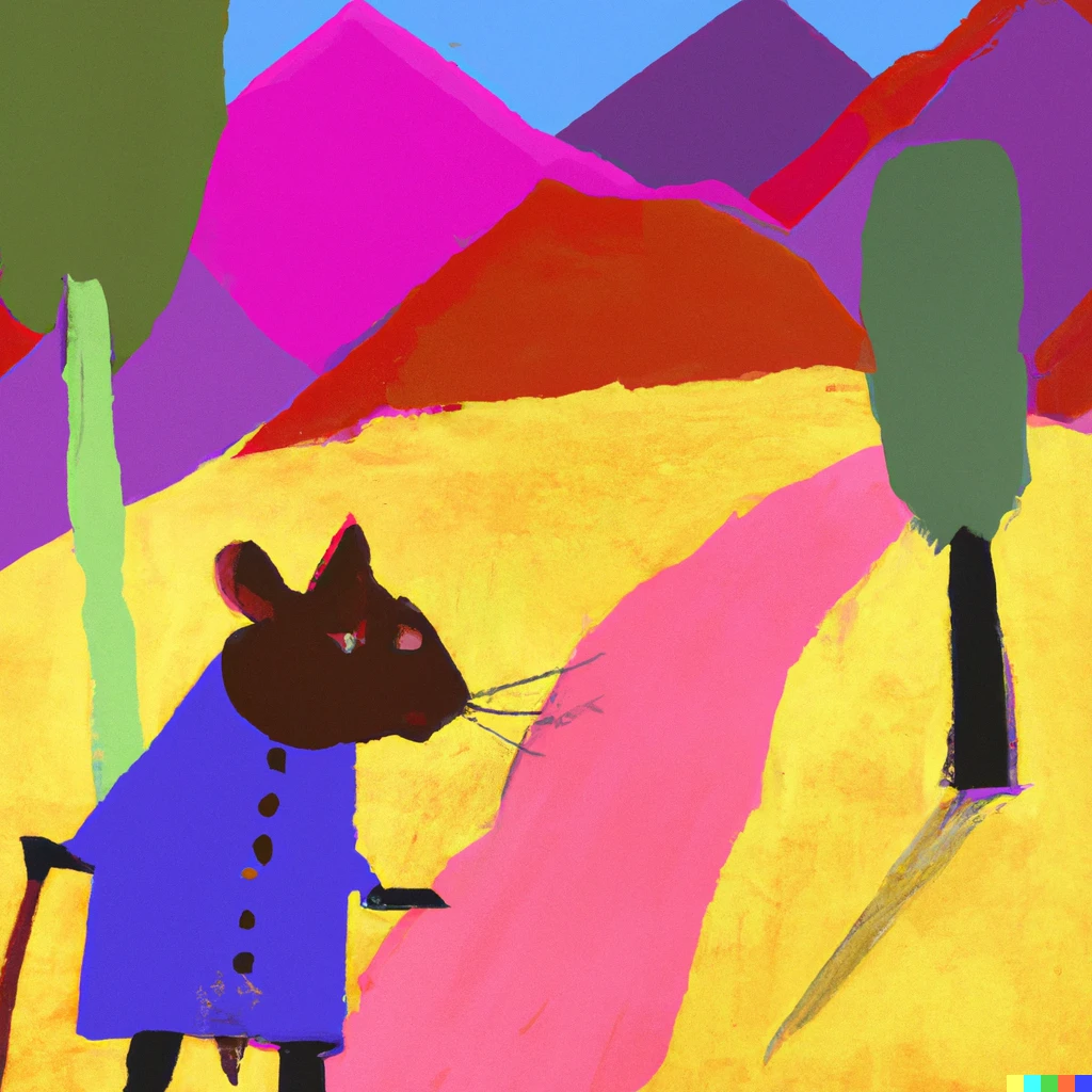 Prompt: A painting in the style of Henri Matisse of a Quokka dressed like Wilhelm Tell walking down a country road with mountains in the background