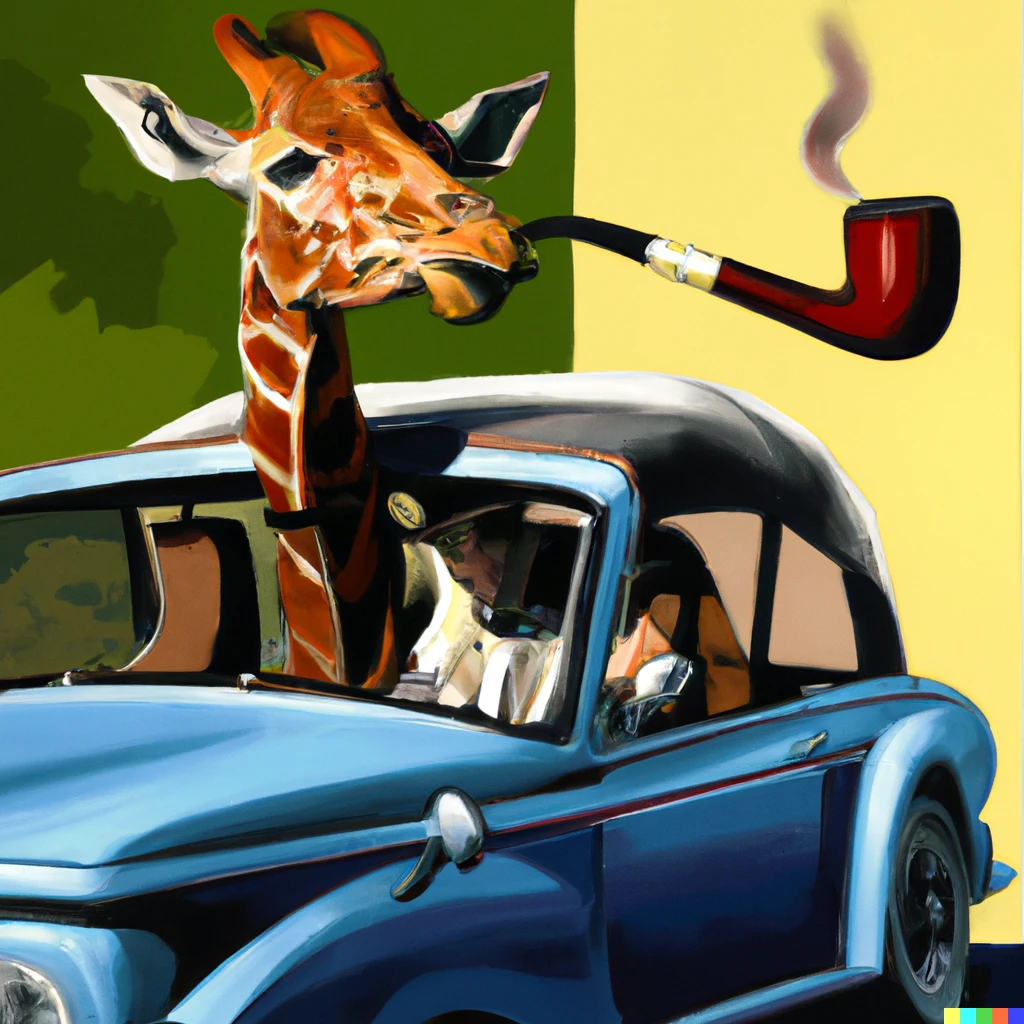 Prompt: A painting of a giraffe with a hat and a pipe cruising in a vintage Ford Mustang in the style of Edvard Hopper