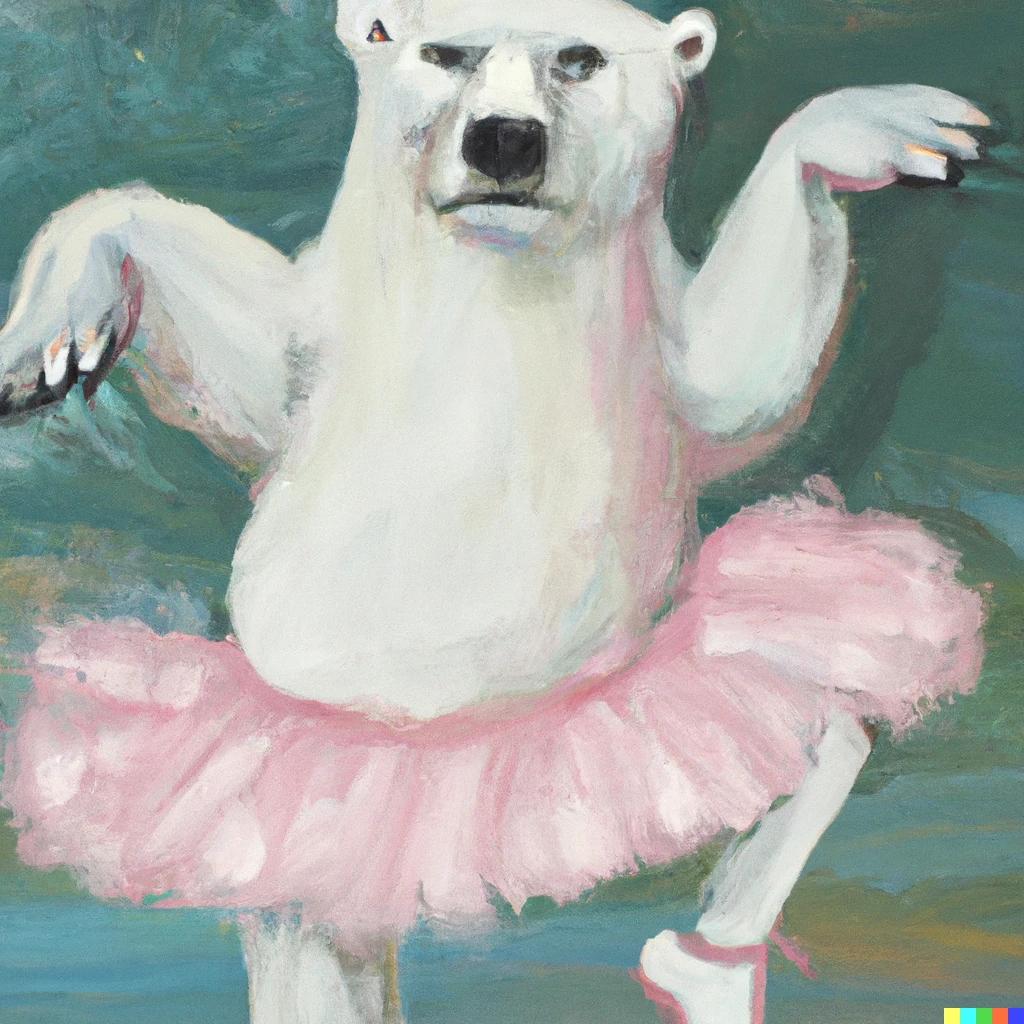 Prompt: An expressive oil painting of a raging polar bear wearing a pink tutu skirt and ballerina shoes