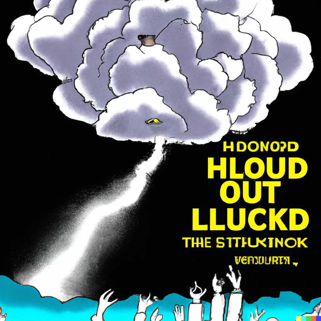 Prompt: A movie poster of a Hitchcock movie about a vengeful cloud striking down mankind with lightning