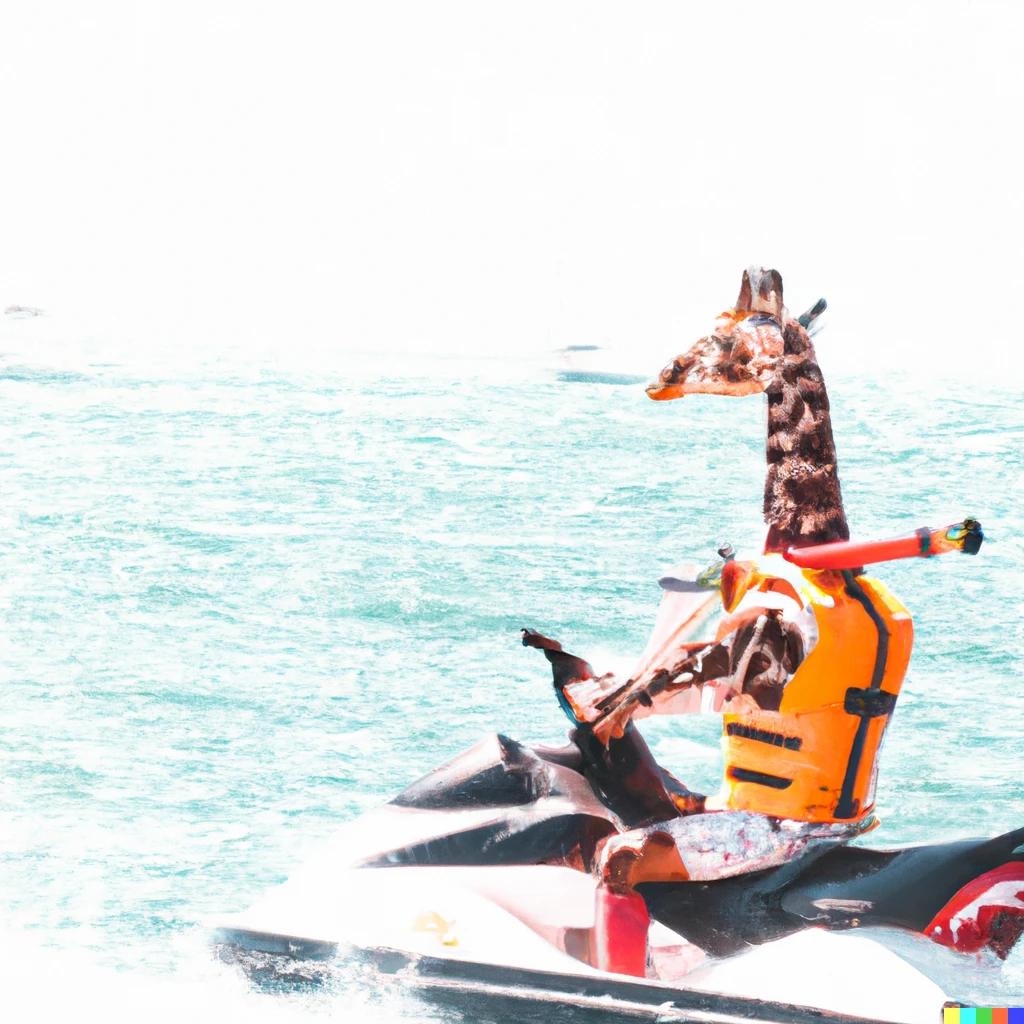 Prompt: An overexposed photo of a giraffe in a life jacket riding a jetski on the ocean on a sunny day