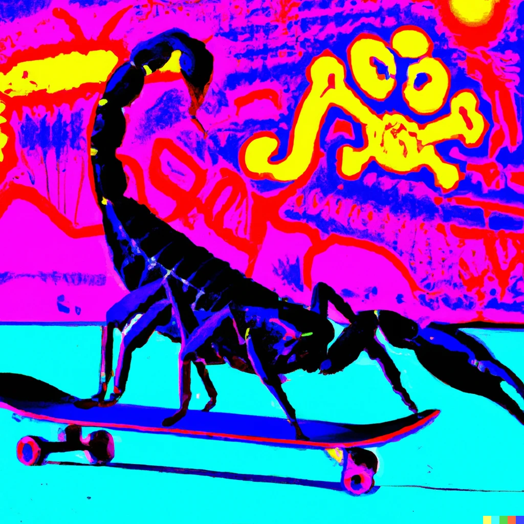 Prompt: A neon-colored scene with a scorpion with rollerblades in a skateboard park