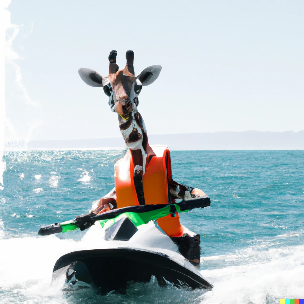 Prompt: An overexposed photo of a giraffe in a life jacket riding a jetski on the ocean on a sunny day