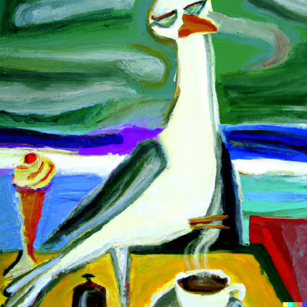 Prompt: An oil painting in the style of Ernst Ludwig Kirchner of a seagull wearing a crevât having a cup of espresso at a French cafe