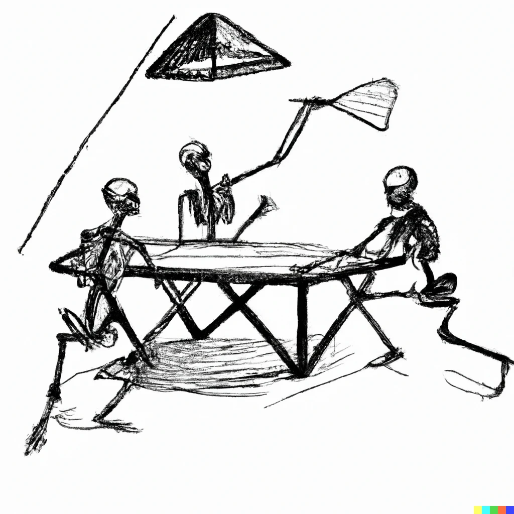 Prompt: A hand-drawn sketch of three skeletons playing three-way ping-pong on a triangular table.