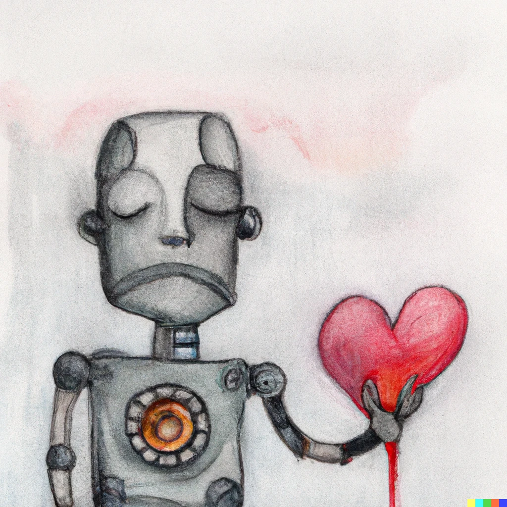 Prompt: abstract pencil and watercolor art of a lonely robot holding a human heart
