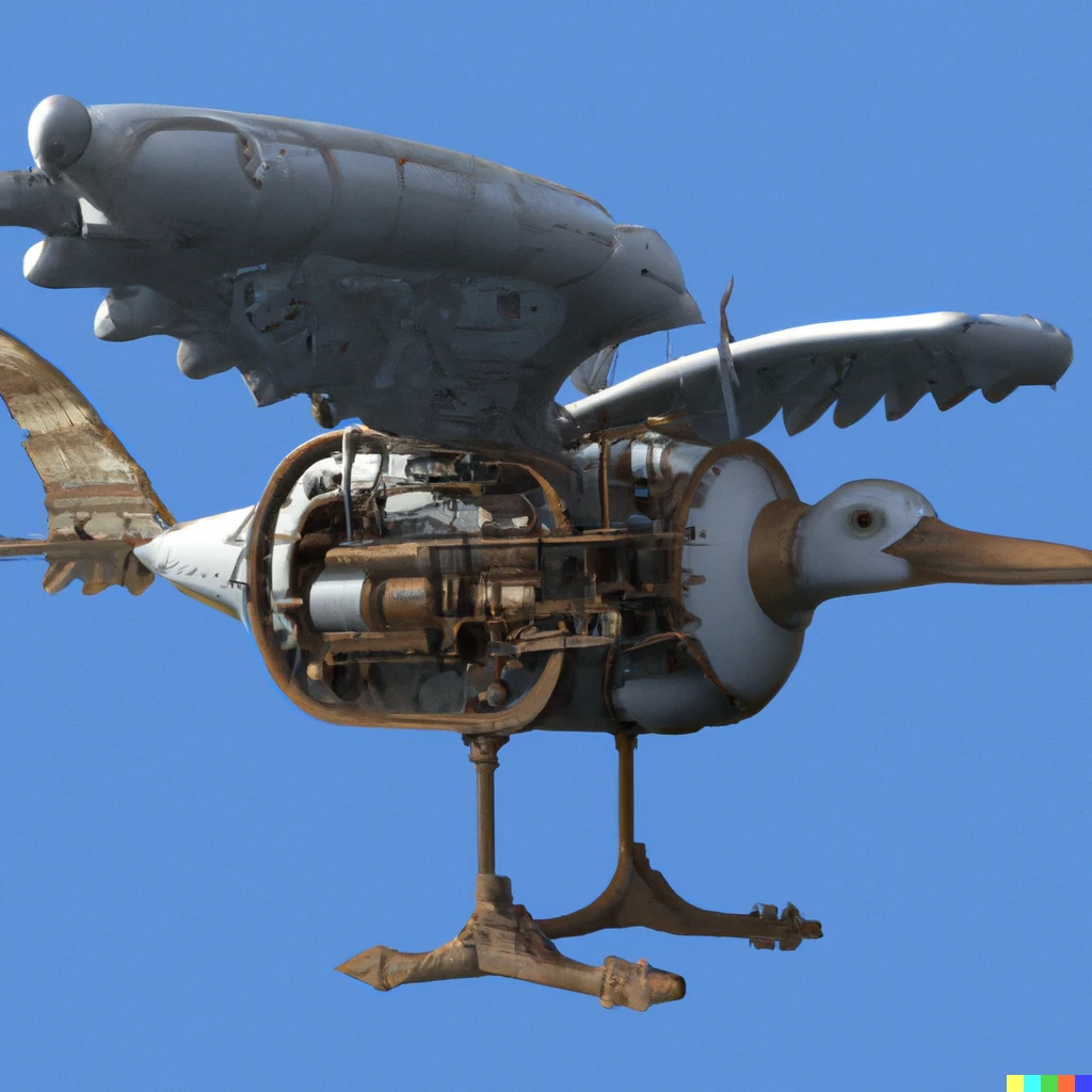 Prompt: 3D rendered steampunk aircraft in the shape of a seagull.