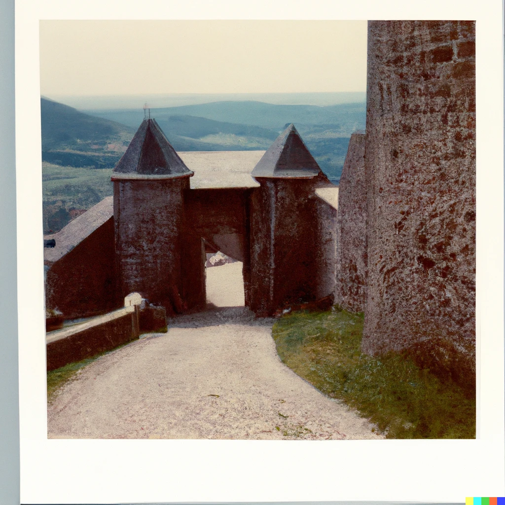 Prompt: Polaroid picture of the streets of a medieval castle, 1968
