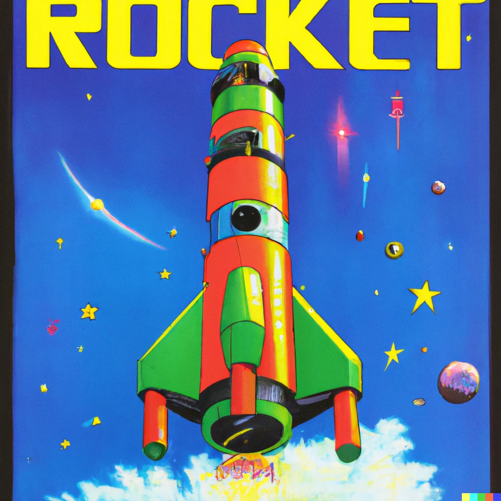 Prompt: A large rocket, Nintendo Power magazine cover 1990, scan