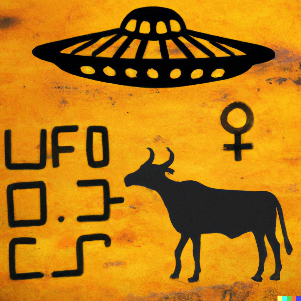 Prompt: Egyptian hieroglyphics of a UFO abducting livestock