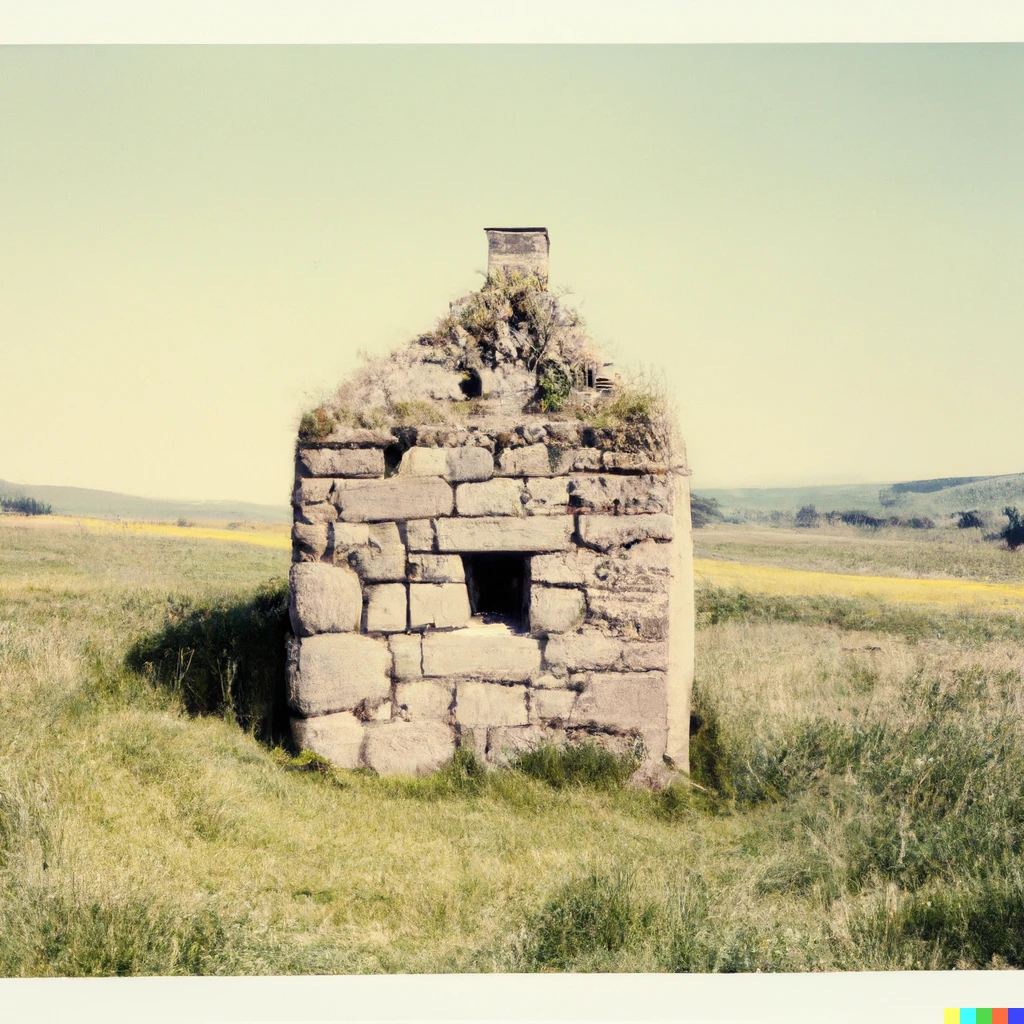 Prompt: Polaroid picture of a small medieval house made out of large stones, surrounded by grass extending into the horizon, circa 1530, 1980