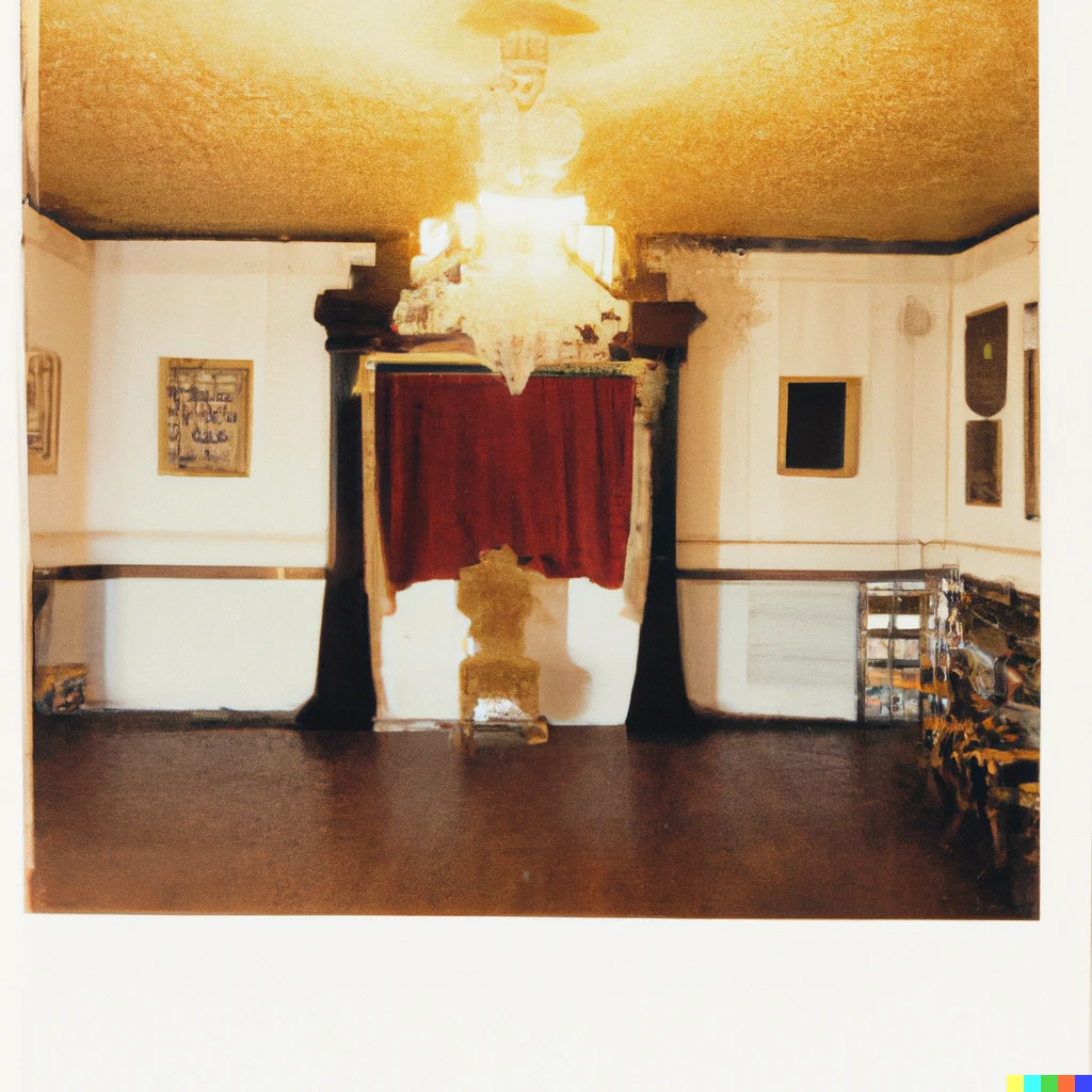 Prompt: Polaroid picture of a small victorian ballroom, circa 1850, 1980