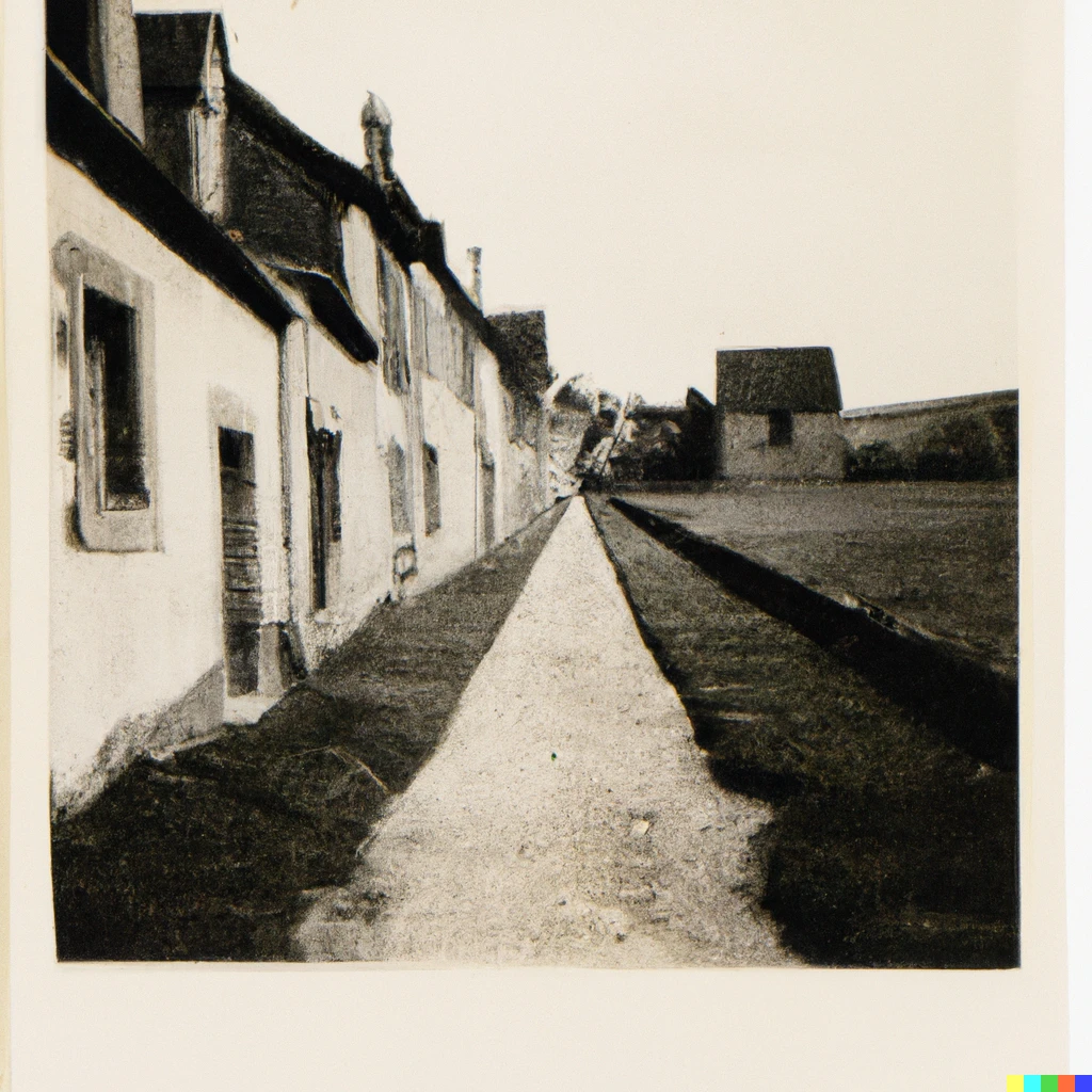Prompt: Polaroid picture of a small medieval street with a few houses, surrounded by grassy extending into the horizon, circa 1530, 1980
