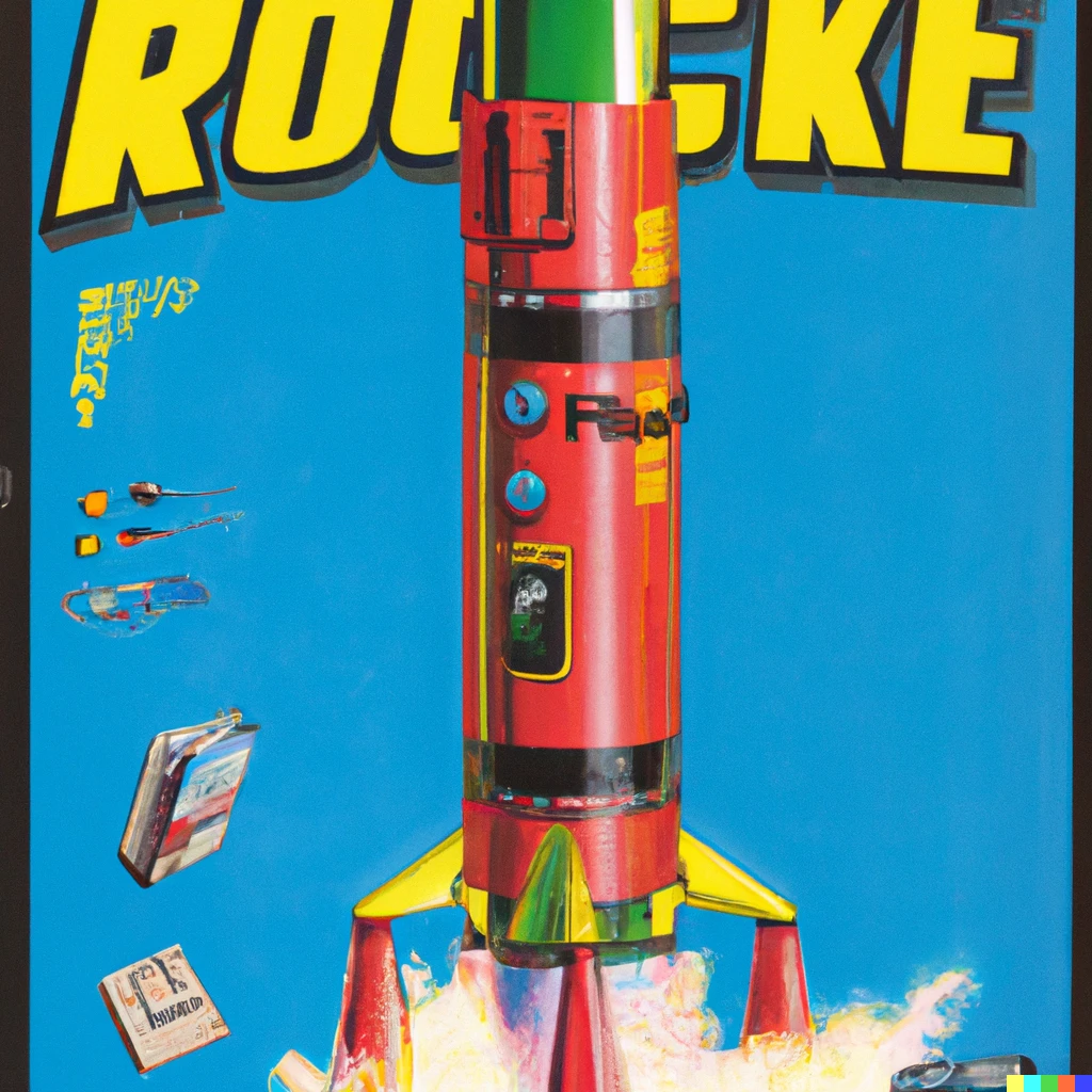 Prompt: A large rocket, Nintendo Power magazine cover 1990, scan