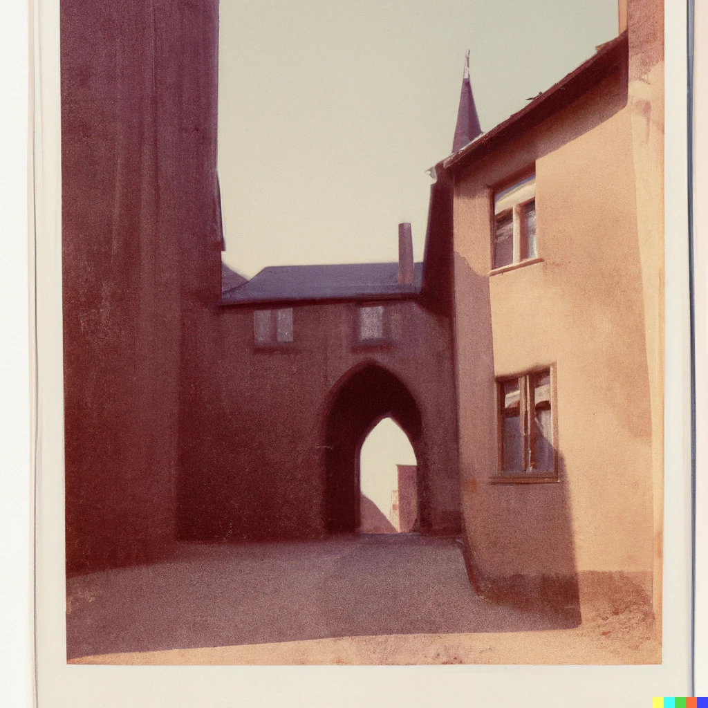 Prompt: Polaroid picture of the streets of a medieval castle, 1968