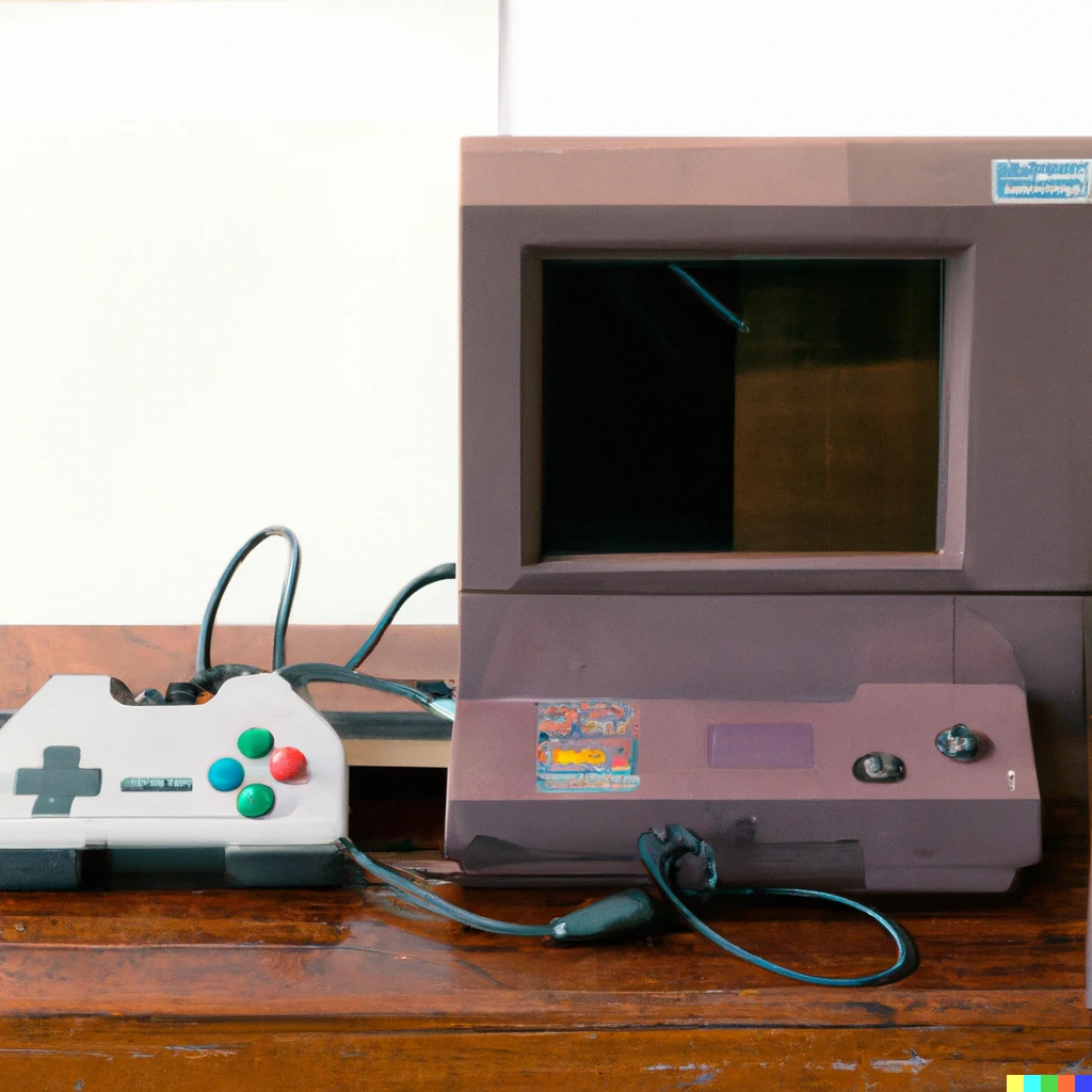 Prompt: a disposable camera scan of an 80s video game console setup on an old woodgrain dresser, polaroid, 1980s