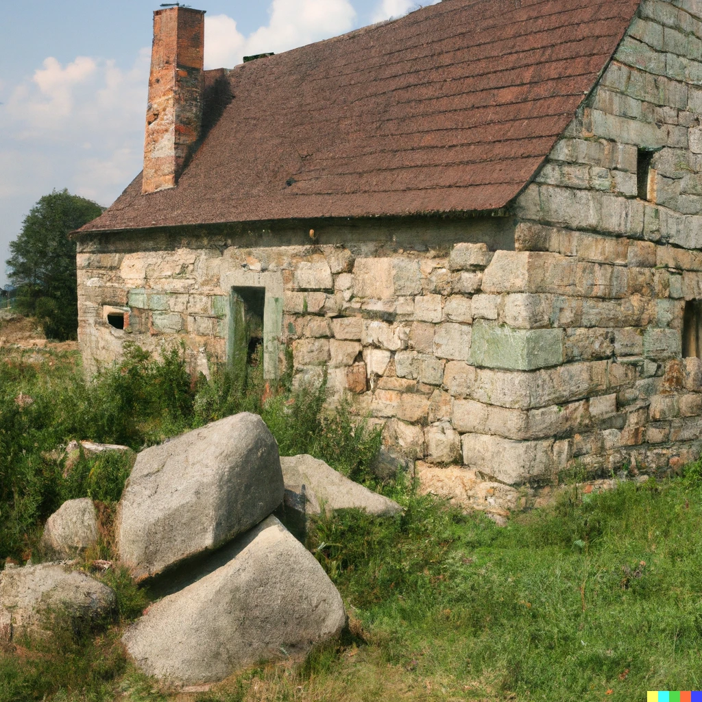 Prompt: Picture oid picture of a sturdy medieval house made out of large stones, surrounded by grass extending into the horizon, circa 1530, 2015