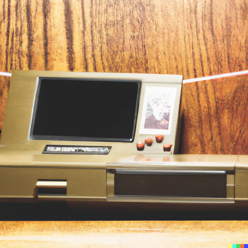 Prompt: a photograph of an 80s video game console setup on an old woodgrain dresser, polaroid, 1980s