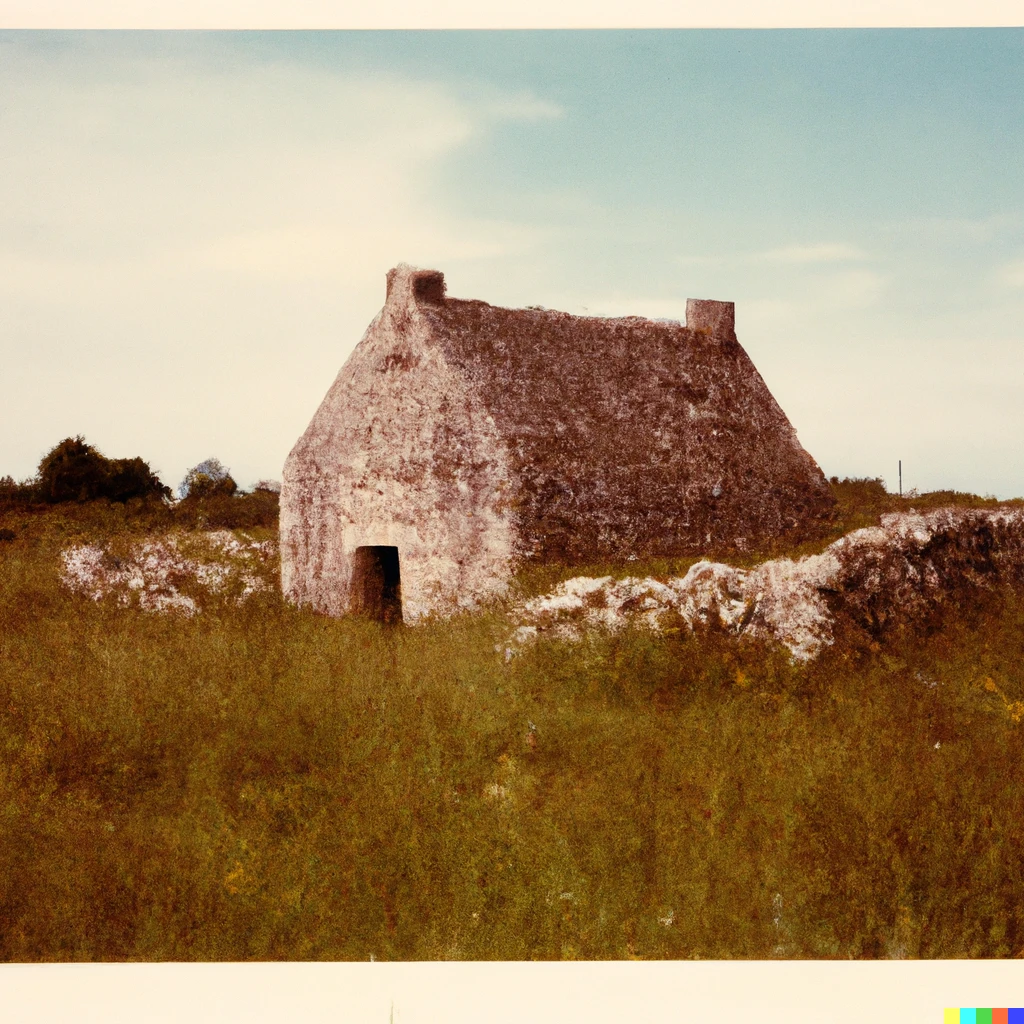 Prompt: Polaroid picture of a small medieval house made out of large stones, surrounded by grass extending into the horizon, circa 1530, 1980