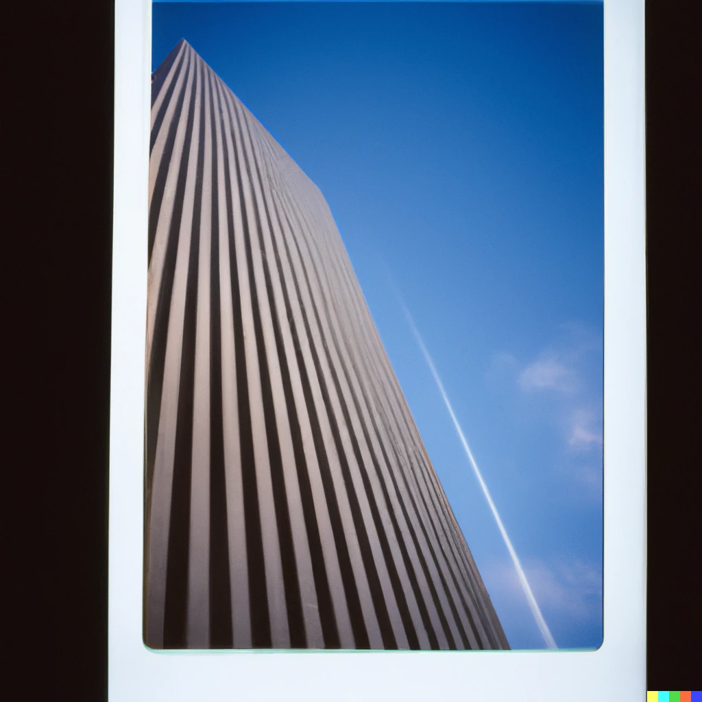 Prompt: a photograph of a long skyscraper extending into the space, polaroid, kodachrome, 1980s