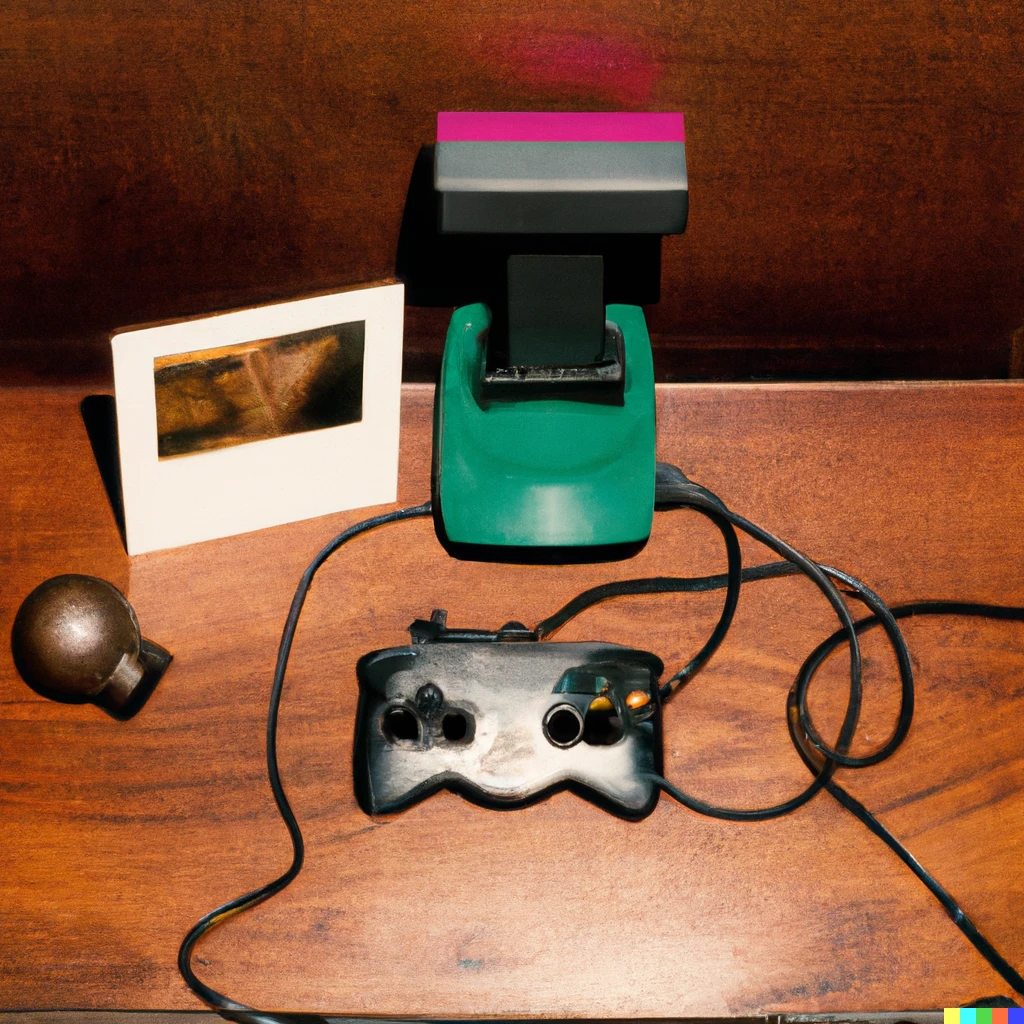 Prompt: a disposable camera scan of an 80s video game console setup on an old woodgrain dresser, polaroid, 1980s