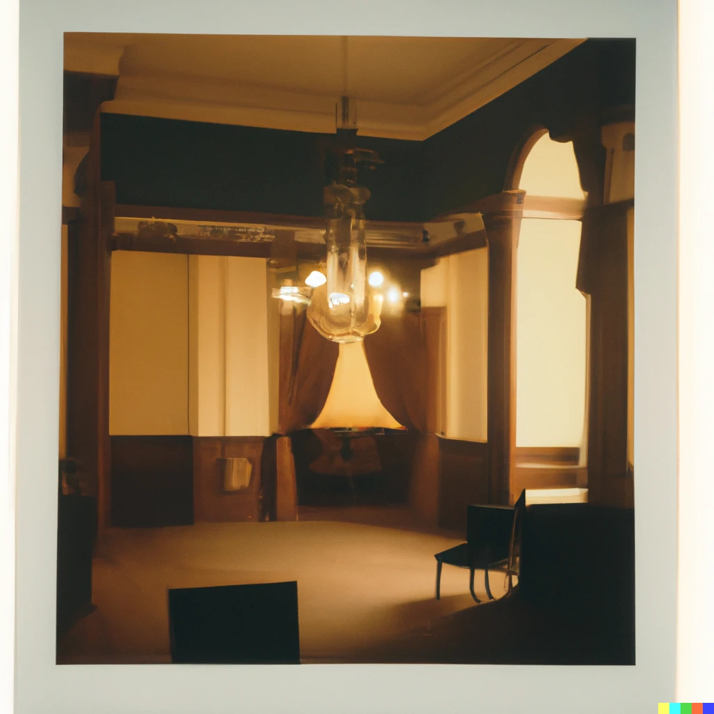 Prompt: Polaroid picture of a small victorian ballroom, circa 1850, 1980