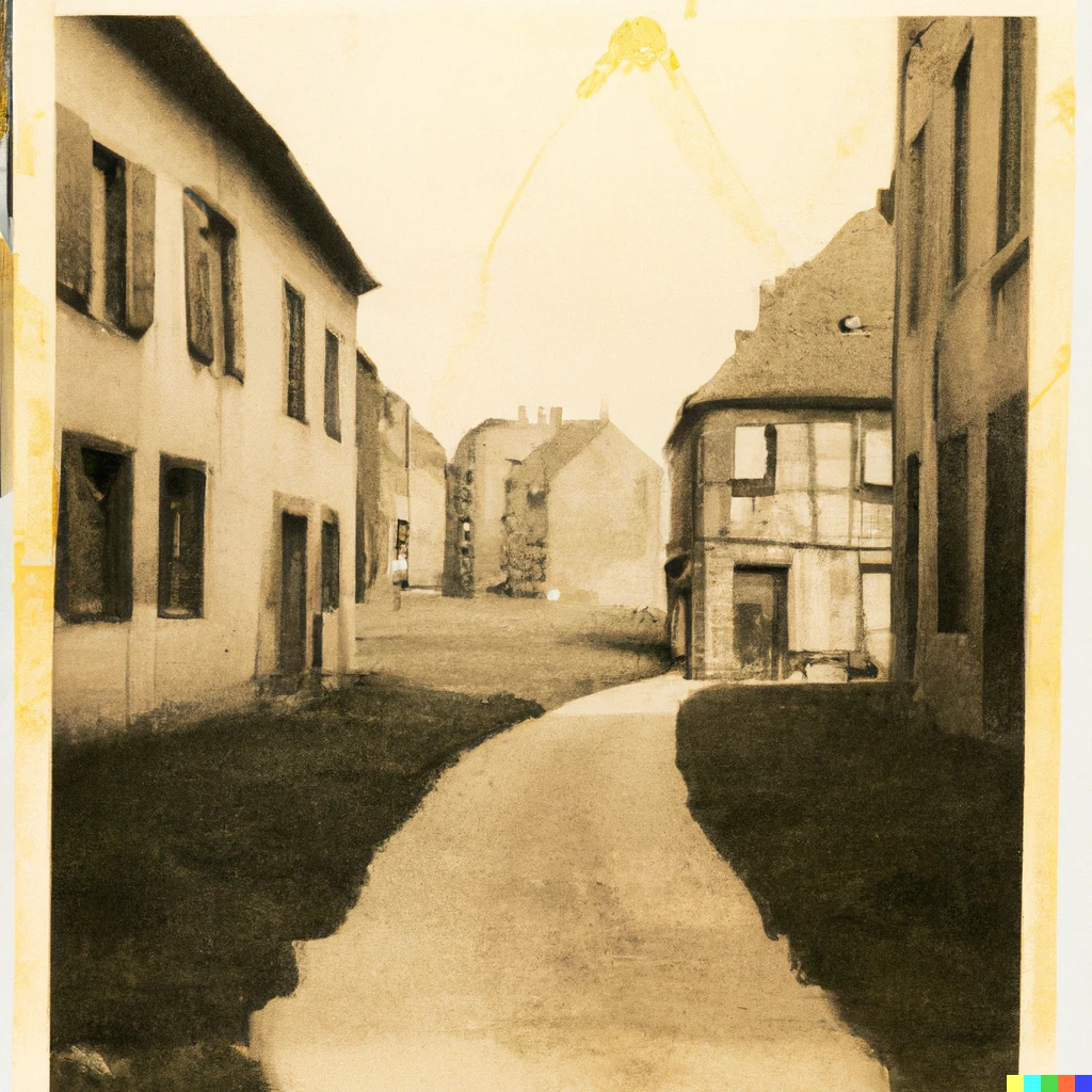 Prompt: Polaroid picture of a small medieval street with a few houses, surrounded by grassy extending into the horizon, circa 1530, 1980
