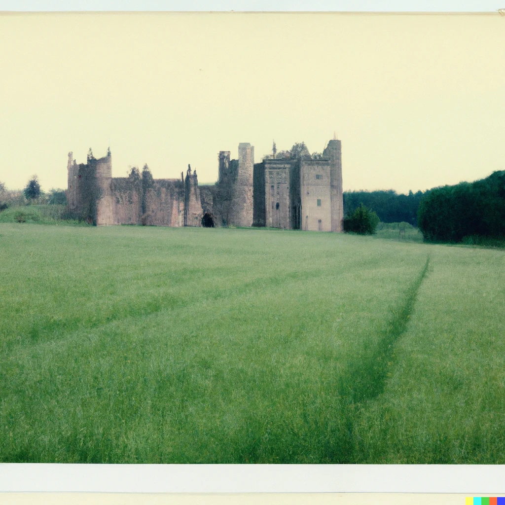 Prompt: Polaroid picture of a medieval castle surrounded by large grassy fields circa 1530, 1980
