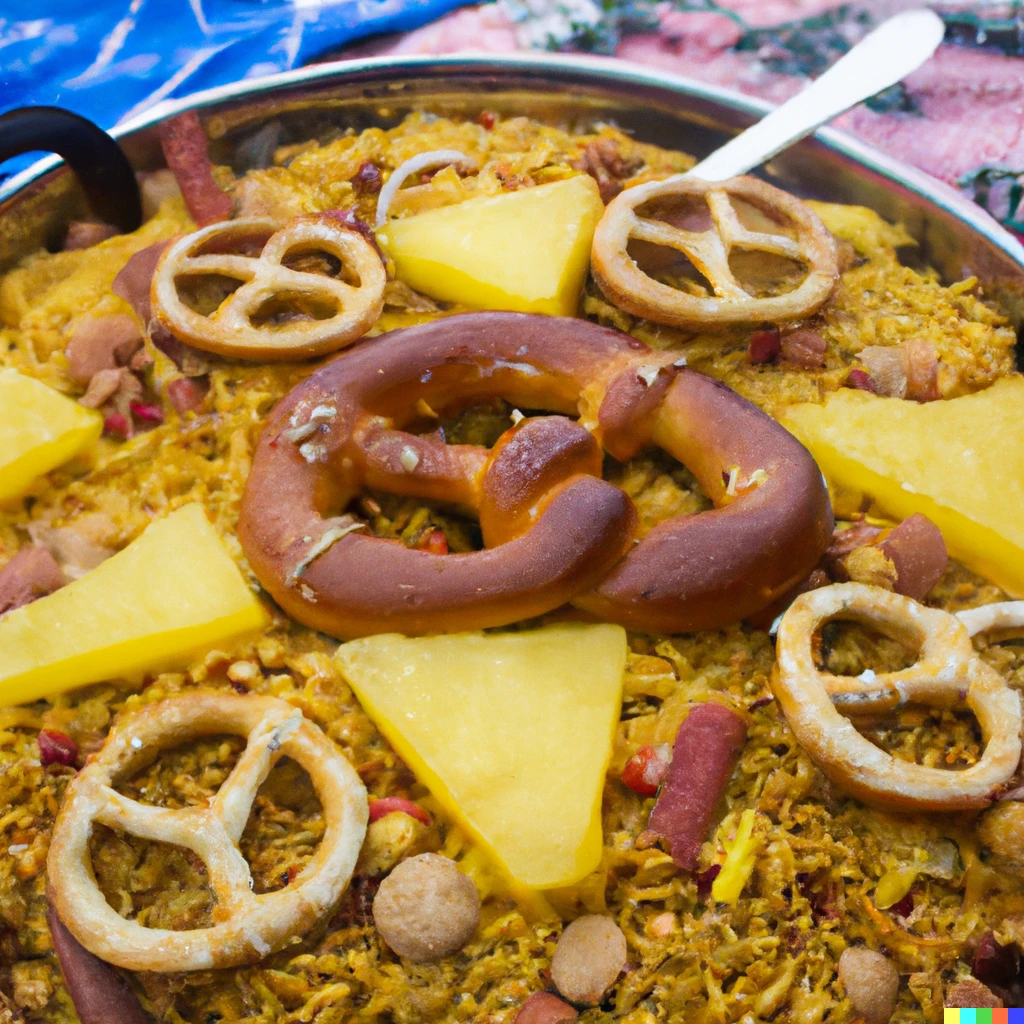 Prompt: Photo of a paella with pineapple and pretzels