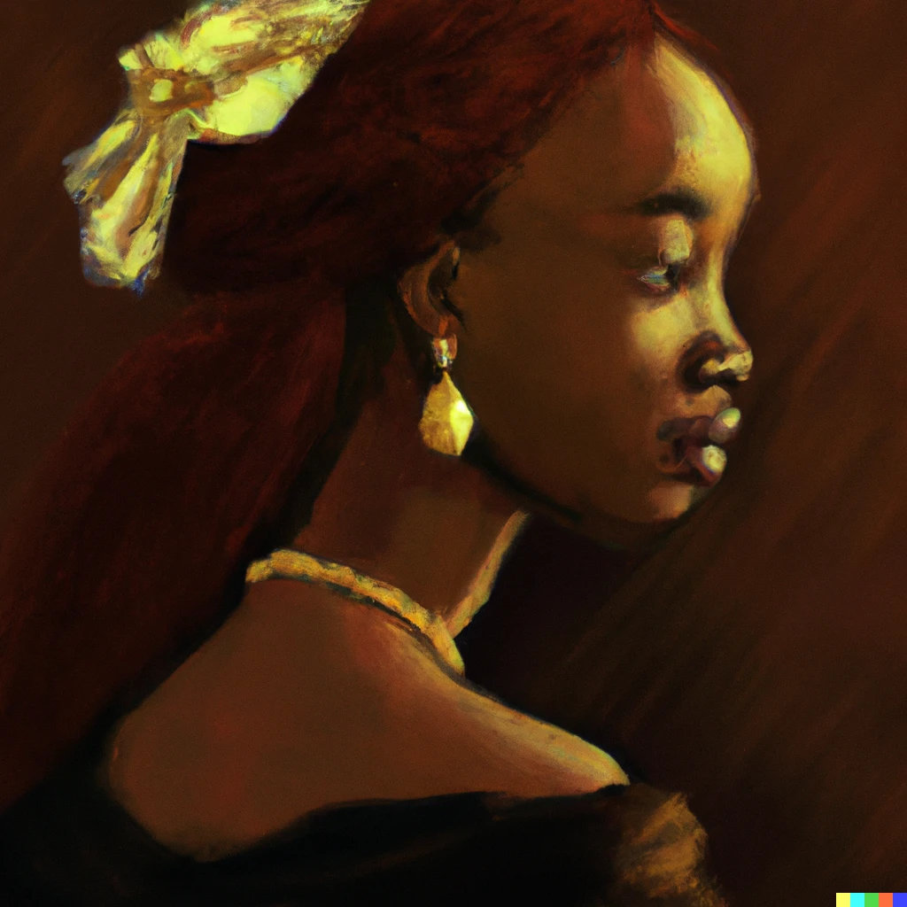 Prompt: Pre-Raphelite style painting DG Rossetti Black woman in pearl earring