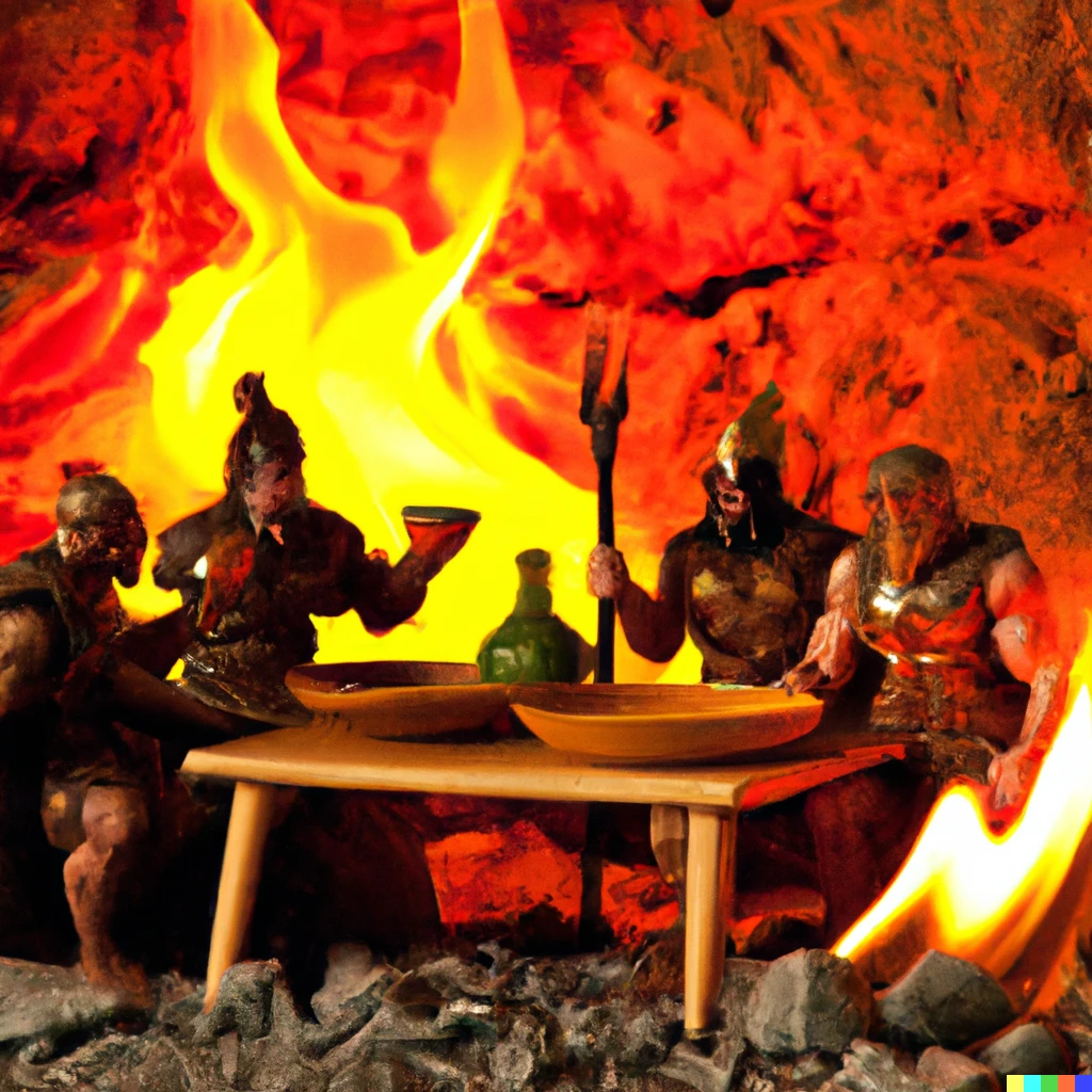 Prompt: spartans from the movie 300 dinning in hell