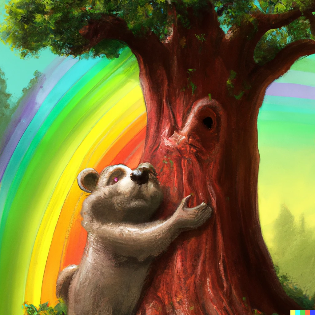 Prompt: Oski the bear and the stanford tree hugging under a rainbow photorealistic