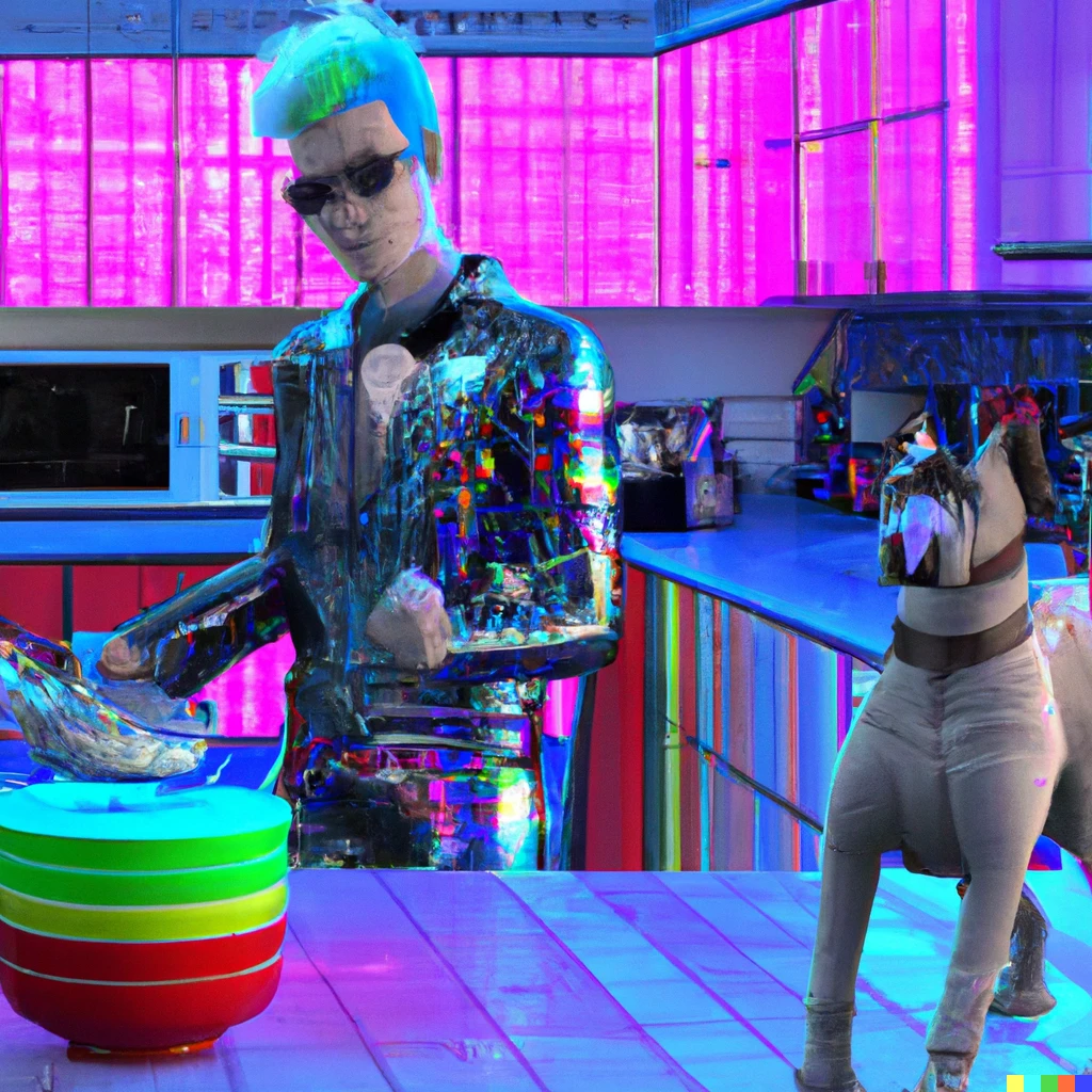 Prompt: punk6529 making rainbow cookies in a futuristic cyborg themed kitchen with Martha Stewart and Snoop Dogg in the background dancing under a disco ball